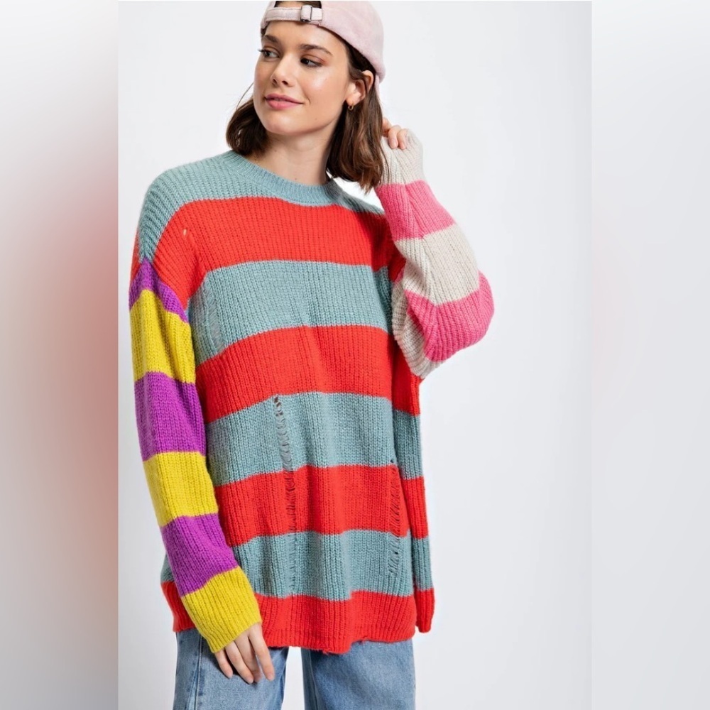 NWT Easel Distressed Multi-Color Striped Knit Sweater – Size Large